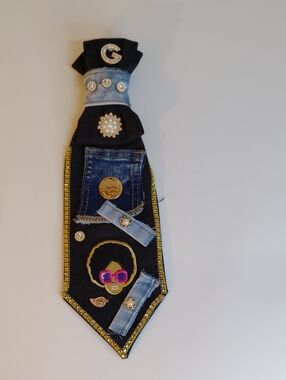 Embellished Black Denim Statement Tie with Gold Trim
